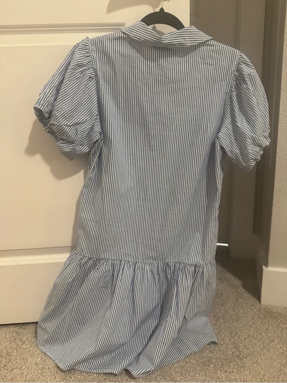 J. Crew Blue and White Striped Button-Down Puff Sleeve Dress